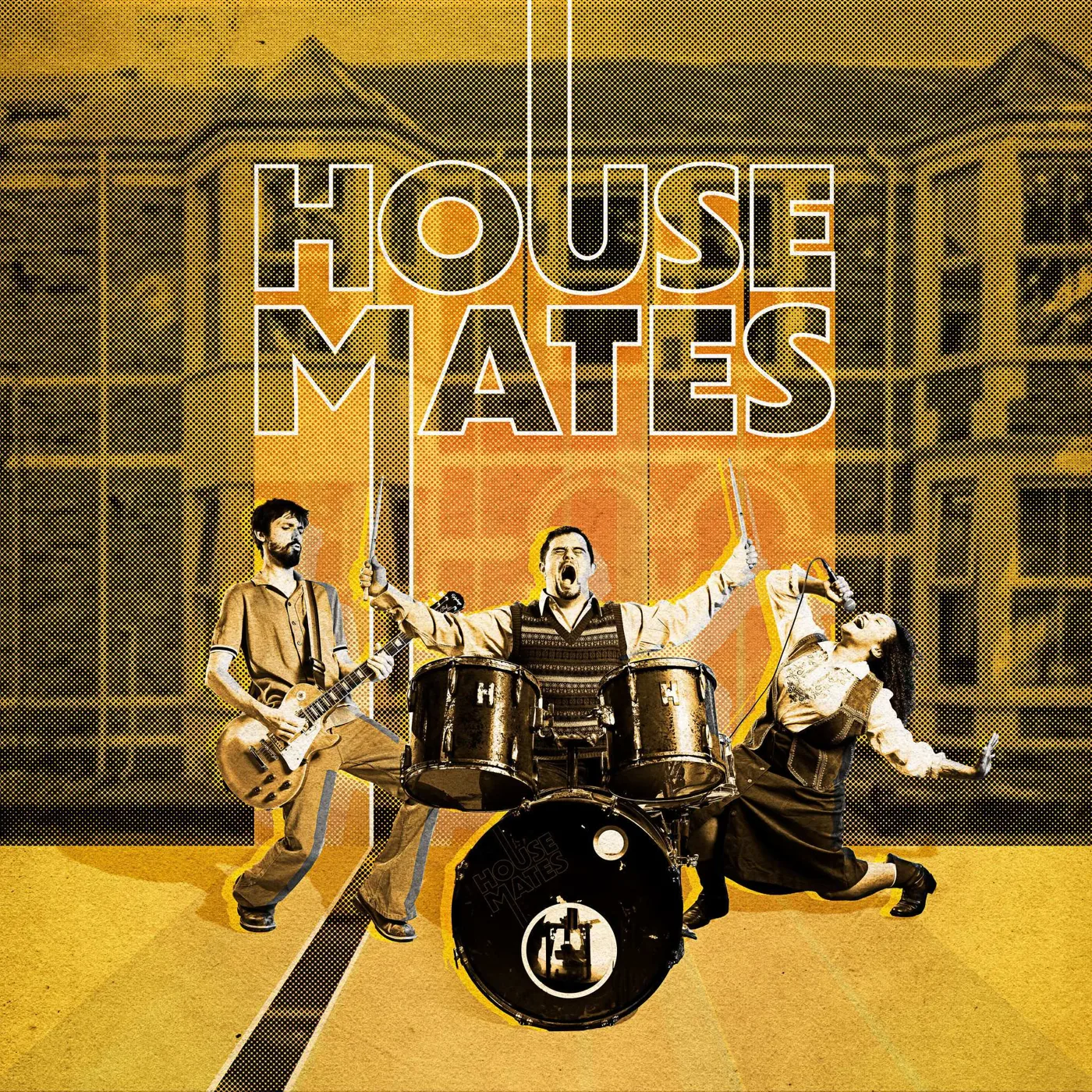 Housemates poster: a guitarist, a drummer and a singer in front of a row of terraced houses under the title in large letters